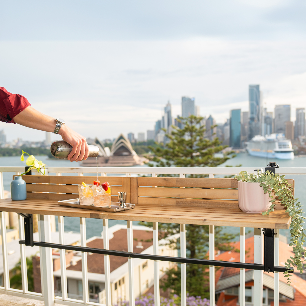 Acacia balcony bar table mounted on condo balcony