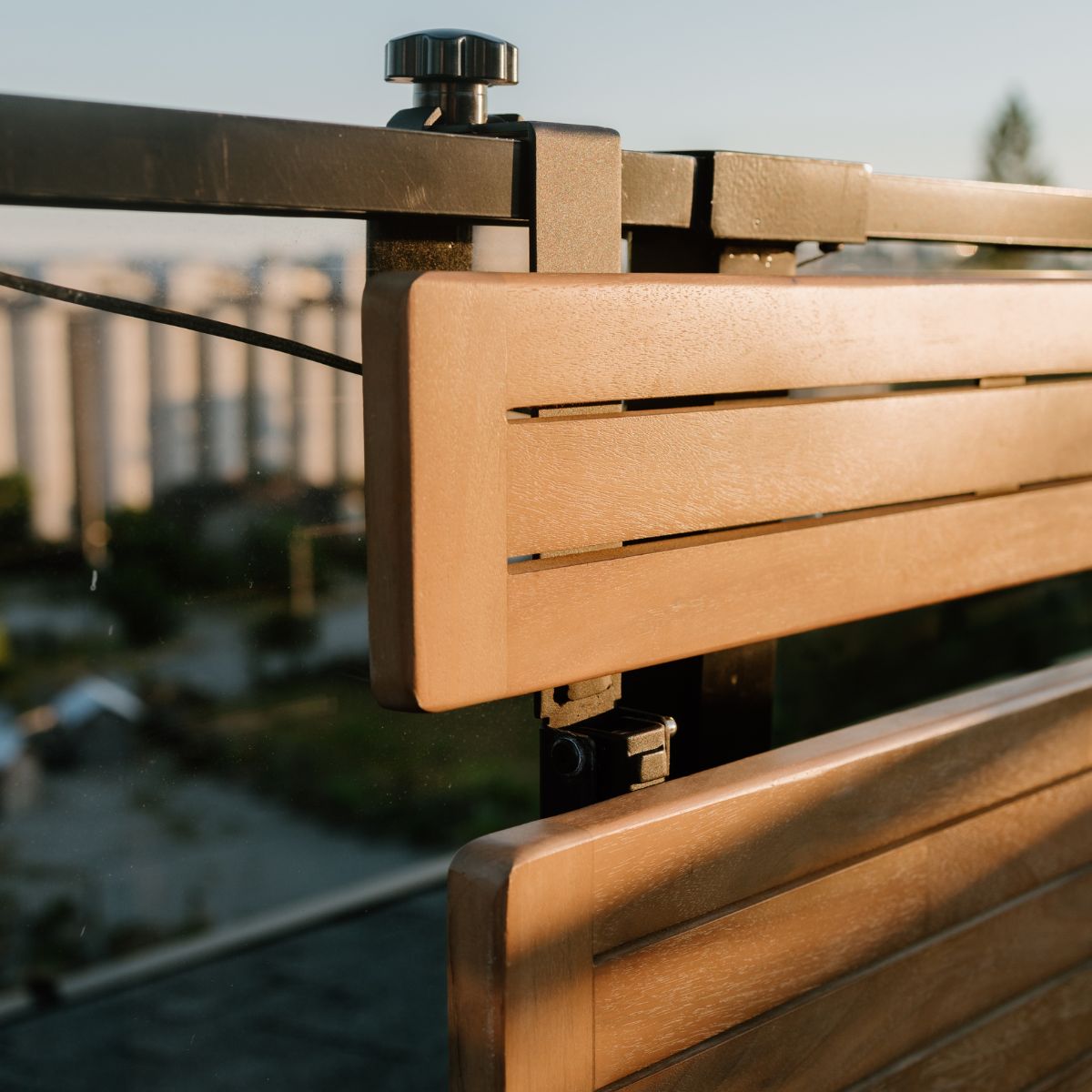 Acacia Wood Balcony Bar Table Close Up Connected to Railing